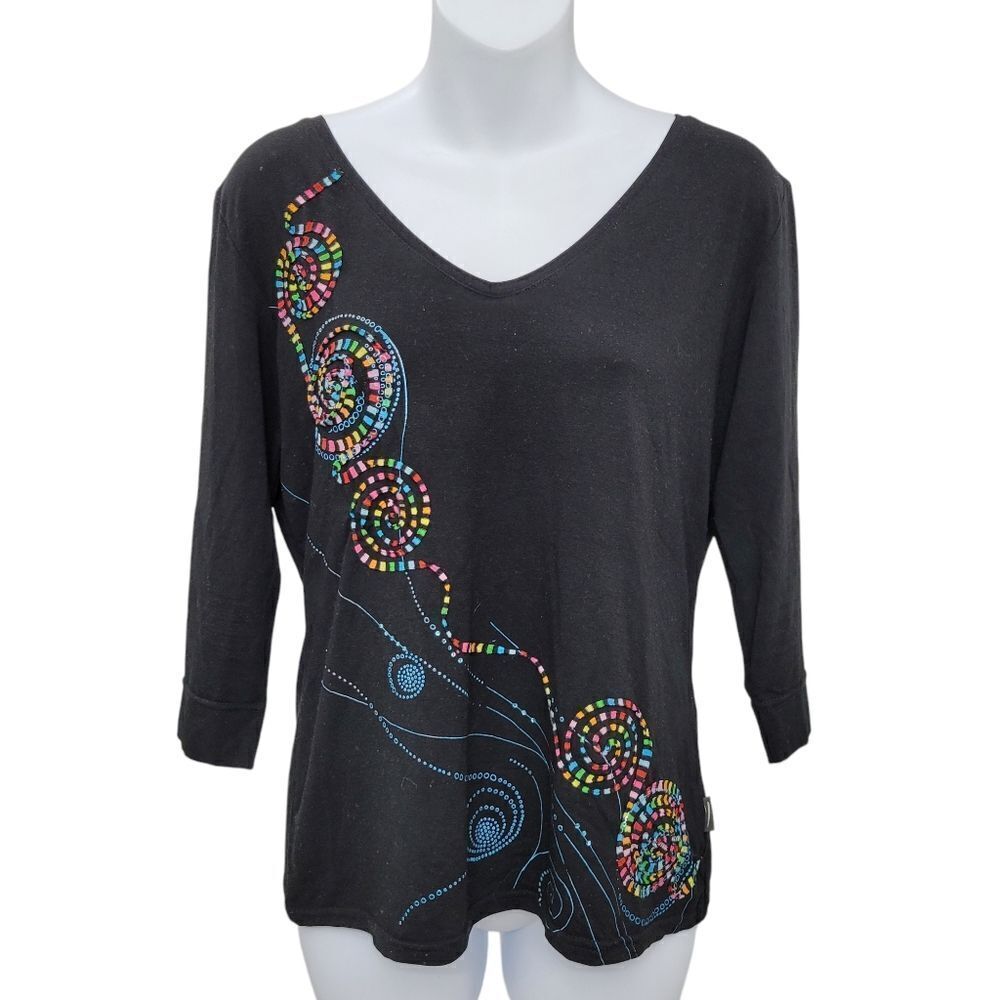 2/$20 Vango Paris Black & Rainbow Pattern Top Blouse Size: Large